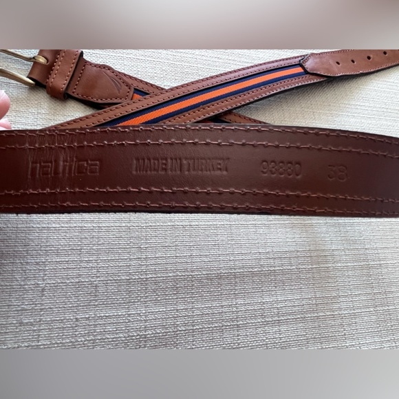 Nautica Mens Brown Leather Belt Brass Buckle Striped Design Size 38 - Picture 4 of 4